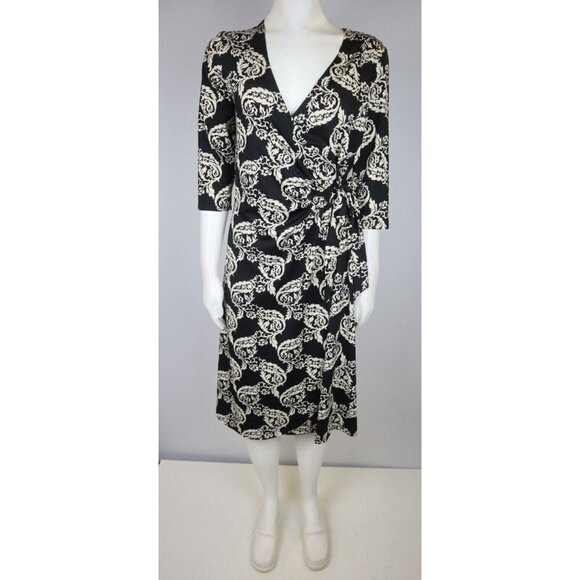 LAPIS - WOMEN'S BLACK & CREAM PRINT 3/4 SLEEVE STRETCH KNIT WRAP DRESS - SIZE M - Picture 1 of 7
